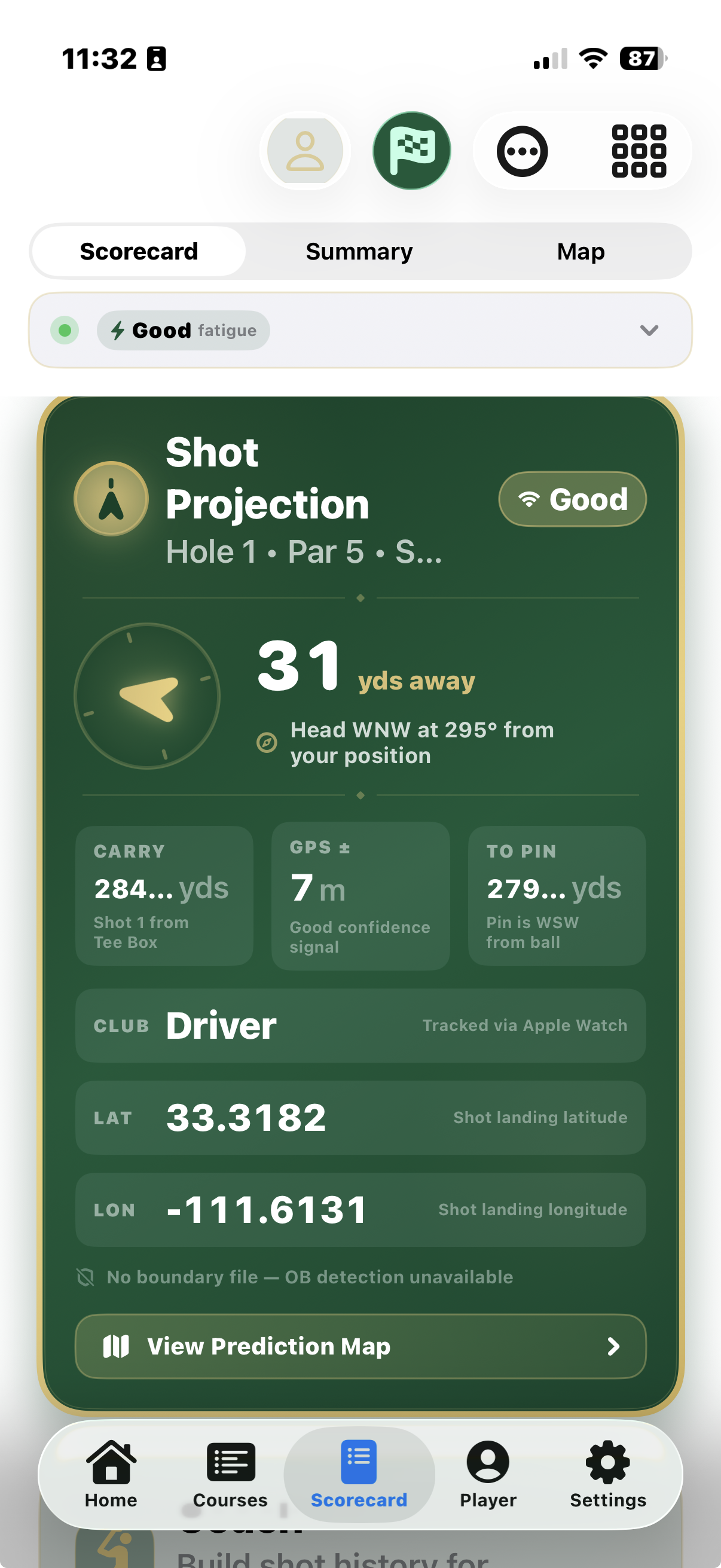T'doff app screenshot: shot projection and outcomes